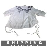 Blouse Korean Striped Peter Pan Collar White M New