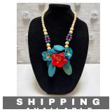 Red & Blue Wood Necklace Beads & Hibiscus Flowers