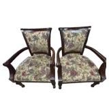 2 Floral Upholstered Armchairs Wood Frame As Is