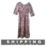 Dress Floral Print Round Neck Women Blue L