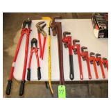 Lot 36" to 8" Pipe Wrenches, 36" Wrecking Bar,