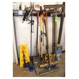Assort. Lot; Shovels, Push Brooms, Bottle Jack,
