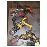 (4) Corded Drills; Milwaukee, Ridgid & DeWalt