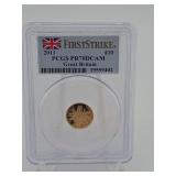 2011 Great Britain £10 Gold Proof 1/10 oz Britannia coin, certified by PCGS as PR70 Deep Cameo First Strike.