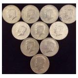 Ten 1964 Silver Kennedy Half Dollars *See Description