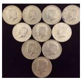 Ten 1964 Silver Kennedy Half Dollars *See Description