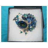Teal Rhinestone Peacock Pin / Brooch