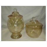 2 Pc Etched Amber Apothocary Jars