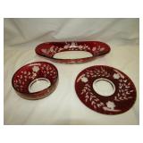 3 Pc Red Etched Glass Dishes Back 12 1/2" L