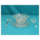 Etched Glass Small Serving Dish w/2 Glass Spoons