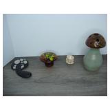 Lot of Mushroom Vase, Glass Paper Weight, and...