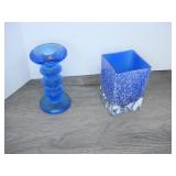 Lot of 2 Vintage Blue Glass Candleholder and Vase