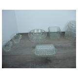 Lot of Glass Cus, Butter Dish, Bowls, and Jar