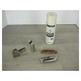 Two Knives, Zippo, Quarter Lighter and Butane Can