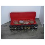 Red Plastic Tool Box filled with Jars of Nails