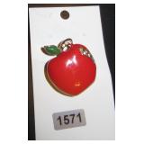 Red Apple Brooch with Enamel and Rhinestone Accent