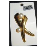 Gold-Tone X-Shaped Brooch with Faux Pearls