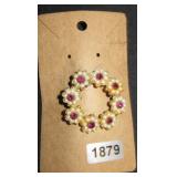 Floral Wreath Brooch with Faux Pearls and Red Rhin