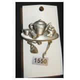 Silver-Tone Tea Party Themed Dangle Brooch