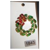 Enamel and Rhinestone Holiday Wreath Brooch