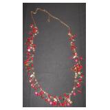 Gold Tone Chain Necklace with Red Bead Clusters
