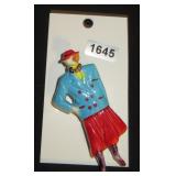 Woman Figural Brooch, Blue Coat and Red Skirt