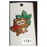 Raccoon Brooch with Holly Berries and Bow