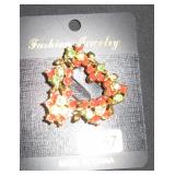 Heart-Shaped Holly Berry and Gemstone Brooch