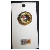 Round Floral Enamel Brooch with Gold-Tone Setting