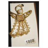 Gold-Tone Angel Figural Brooch with Beaded Skirt