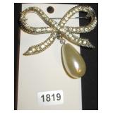 Ribbon Bow Brooch with Teardrop Pearl Pendant