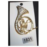 Gold-Tone Tuba Brooch with Rhinestone Accents