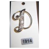Letter D Initial Brooch with Rhinestone Accents