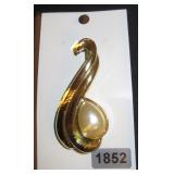 Gold-Tone Abstract Brooch with Faux Teardrop Pearl