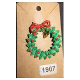 Christmas Wreath Enamel Brooch with Bell