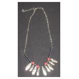 Red and Blue Bead Necklace with Silver-Tone Leaf A