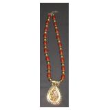 Red Bead Necklace with Animal Print Pendant