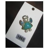 Angel Brooch with Faux Pearl and Blue Accents