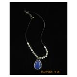 Blue Teardrop Pendant Necklace with Metal Beads