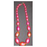 Pink Beaded Necklace with Painted Leaf Motif