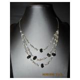 Silver Tone Triple Strand Clear and Black Bead Nec