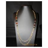 Double Strand Goldtone Necklace with Amber and Bla