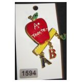 Enamel Teacher Apple Brooch with Ruler and Letter