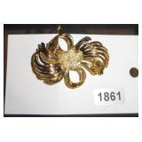 Gold Tone Ribbon Brooch with Faux Pearl Flower