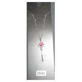 Silver-Tone Key Pendant Necklace with Red Rhinesto