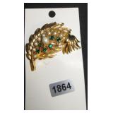 Gold Tone Leaf Brooch with Rhinestones and Faux Pe