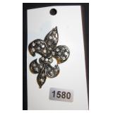 Fleur-de-lis Rhinestone and Faux Pearl Brooch