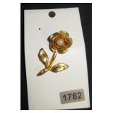 Gold Tone Flower Brooch with Faux Pearl Center