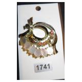 Silver-Tone Ribbon Brooch with Iridescent Circles