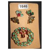 Christmas Wreath Brooch and Holly Bell Earrings Se